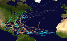 Trajecten van alle bekende Atlantische orkanen van categorie 5