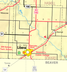 La US 270 inizia a Liberal, Kan, e lascia lo stato tre miglia a sud di lì.