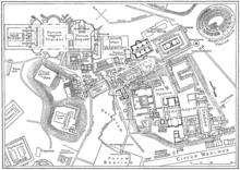En karta över det antika Rom, med Colosseum i det övre högra hörnet, kallat Amphiteatrum Flavium.  