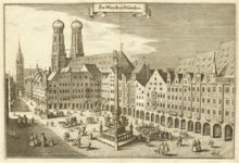 Market Square (today Marienplatz) (copperplate engraving by Matthäus Merian, ca. 1650)
