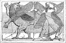 Winged Assyrian deity: Ninurta fights with a bird monster. Drawing from a stone relief on the temple of the god at Nimrud (9th century BC).