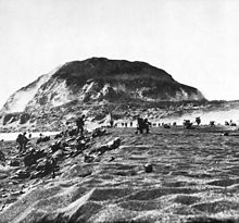 Marines of the 5th Division in the LZ, Suribachi in the background.