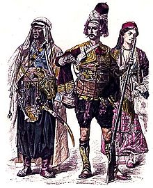 Traditional costumes: a Maronite from Lebanon (left) next to an inhabitant of the Jebel and a Christian woman from Lebanon from the late 19th century (illustration from Zur Geschichte der Kostüme by Braun & Schneider, 1861-1880 Munich)