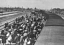 Karpatische Ruthenische Joden komen aan in Auschwitz-Birkenau, mei 1944. De meesten werden uren na aankomst gedood in gaskamers.