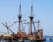 Mayflower II , a replica of the Mayflower, undergoing repairs in Mystic Seaport in October 2017.