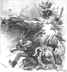 Тази политическа карикатура показва разрушаването на политически "сламен човек" по време на президентската кампания в САЩ през 1900 г.  