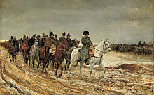 Napoleon till häst, på kampanj i Frankrike 1814, i grå överrock.  
