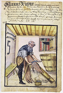 Illustratie van het looien, uit een boek dat in de 17e eeuw werd gepubliceerd