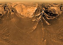 Mercator projection of Saturn's moon Titan, taken by the Huygens lander at an altitude of 10 kilometres. In the upper, central area, structures can be seen that may have originated from methane flows (14 January 2005).