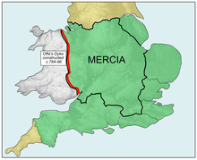 De omvang van Mercia tijdens de Mercian Supremacy, met de lijn van Offa's Dyke (rood)