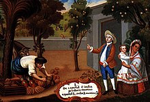 Un'immagine del Sud America coloniale mostra che i meticci sono i figli degli spagnoli e degli indiani