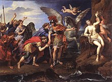 Cepheus en Cassiopeia danken Perseus voor het redden van hun dochter Andromeda, La Délivrance d'Andromède (1679) Pierre Mignard, Louvre