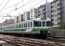 Example of a metro with overhead contact line instead of side conductor rail: M2 train of the Milan metro system