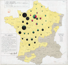 Minards karta över boskap som skickas från hela Frankrike för konsumtion i Paris (1858).  