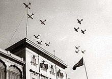 Egyptian military aircraft on parade over Abdeen Palace in Cairo, celebrating the marriage of King Faruq to Queen Farida of Egypt, 20 January 1938.