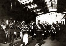 Fu'ad I with the Belgian King Albert I and his wife Elisabeth Gabriele in Bavaria at Misr railway station visiting an industrial exhibition in Cairo, January 1930