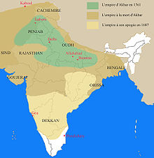 Mogulriget under Akbars periode (undtagen det hvide område)