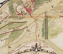 Köprünün ayaklarını gösteren 1685 tarihli harita. Tour Philippe-le-Bel yakınındaki kıyıdaki iskele atlanmıştır. Bu tarihe kadar 22 kemerden 10'u çökmüştür.