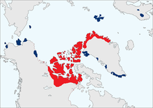 Distribution area of muskoxen, red: distribution area in the early 19th century, blue: distribution in the 20th century