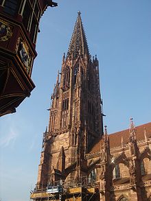 Freiburg cathedral tower, one of the few large single-tower facades completed in the Gothic period
