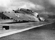 A destroyed B-17 bomber at Hickam Field.