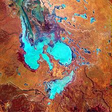 Een false-colour satellietfoto van Lake Eyre in Australië Beeldcredit: NASA's Earth Observatory  