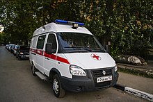 Ambulance with the emblem of the Red Cross in Nizhny Novgorod, Russia