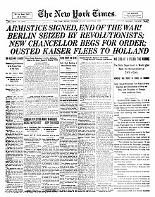 New York Timesin etusivu välirauhan päivänä 11. marraskuuta 1918.