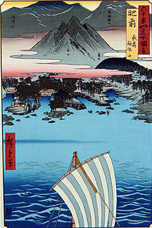 Näkymä Hizenin maakuntaan, Hiroshigen puupiirros, 1854-1856.