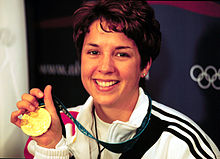 Nancy Johnson en haar Olympische gouden medaille...