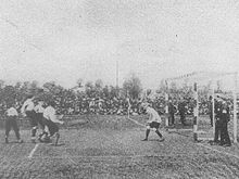 Scene in front of the Belgian goal from the second international match on 14 May 1905.
