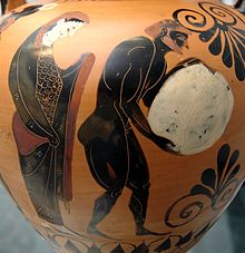 Persephone supervising Sisyphus in the underworld, black-figure Attic amphora, c. 530 BC, Staatliche Antikensammlungen (Inv. 1494)