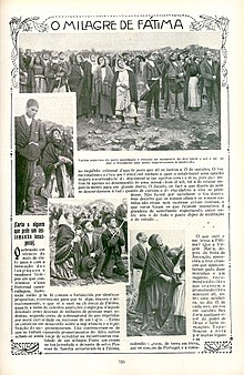 Sivu Ilustração Portuguesasta, 29. lokakuuta 1917, jossa ihmiset katsovat auringon ihmettä Neitsyt Marialle uskottujen Fátiman ilmestysten aikana.  