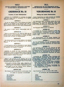 Decree No. 55, by which on 22 November 1946 the British Military Government established the State of Lower Saxony with retroactive effect from 1 November 1946.