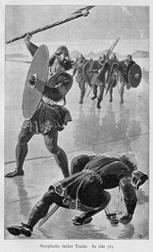 O filho de Njáll, Skarp-Heðinn, mata Þráinn no gelo. As rixas familiares aparecem com destaque na saga de Njáls.