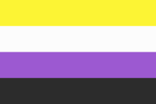 Nonbinary Pride flag (pride: "pride"),2014 designed by Kye Rowan: - yellow for people outside the binary- white for multisexuals- purple for intersex (m ↔ w) - black for asexuals.