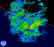 在亚利桑那州尤马的雷达上看到的墨西哥北部上空的飓风"诺拉"。