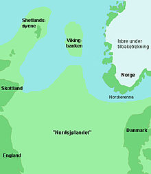 Map showing the presumed location and extent of Doggerland around the time of 8000 BC on the territory of present-day Europe with additional representation of the land areas at that time in present-day Viking (sea area) and around the Shetland Islands.