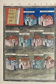 The forts under the command of the Dux Raetiae; representation from a medieval copy of the Notitia Dignitatum