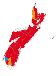 Língua materna na Nova Escócia: Vermelho - anglófono majoritário, Laranja - misto, Azul - francófono majoritário.