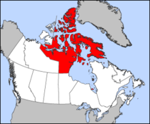 Het grondgebied van Nunavut is in het rood aangegeven op een kaart van Canada