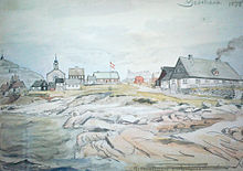 Nuuk in a watercolour by Andreas Kornerup from 1878