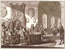 The signing of the peace treaty of Nystadt on 20 August 1721. etching, 1721