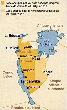 Kartta Force Publiquen miehitysalueista Saksan Itä-Afrikassa 19. syyskuuta 1916 ja 28. kesäkuuta 1919 välisenä aikana.  