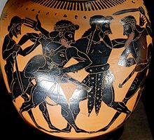 Aias and Odysseus quarreling over arms , Attic black-figure oinochoe by the Taleides painter, Louvre (c. 520 BC).