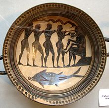 Odysseus and his companions dazzle Polyphemus. Laconic black-figure bowl by the equestrian painter, ca. 565-560 BC.