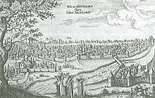 Novgorod in the 17th century, drawn by Adam Olearius (north is on the left)