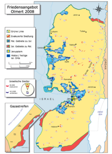 Peace offer presented by former Israeli Prime Minister Ehud Olmert with a solution to the settlement problem through a territorial exchange to create a sovereign state of Palestine in territory equivalent to the size of the West Bank and Gaza Strip.