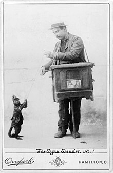 Un organillero del siglo XIX y su mono capuchino.  