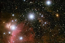 The three belt stars in Orion: Mintaka (δ Ori) on the right, Alnilam (ε Ori) in the middle, Alnitak (ζ Ori) on the left - next to it the Flame Nebula as well as below it the Horsehead Nebula and also σ Ori.